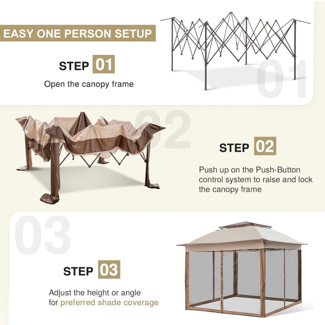 EAGLE PEAK 11x11 Pop Up Gazebo with Damaged Frame - Mosquito Netting, Easy Set-Up Outdoor Canopy for Patio and Backyard, Tan - New Open Box