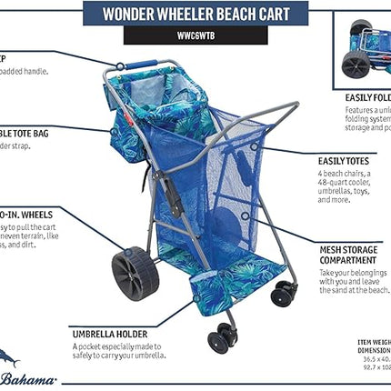 Tommy Bahama Wonder Wheeler Deluxe Folding Beach Cart, Portable Caddy for Towels and Beach Accessories, Stores 48-Quart Cooler & 4 Chairs, Blue-New