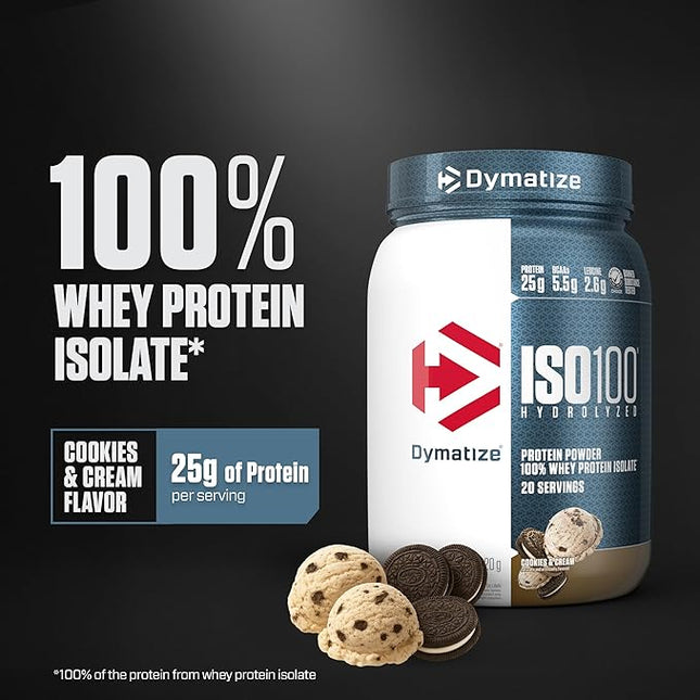 Dymatize ISO100 Whey Protein Powder Isolate, Cookies & Cream, 25g of Protein 2.18 IBS - 20 Servings