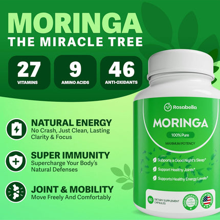 Rosabella Moringa Powder Capsules - 800mg of Pure Nutrient-Rich Moringa Powder - 60 Count
