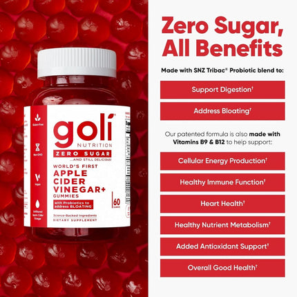 Goli Zero Sugar Apple Cider Vinegar Gummies - ACV with Vitamin B12 and Probiotics