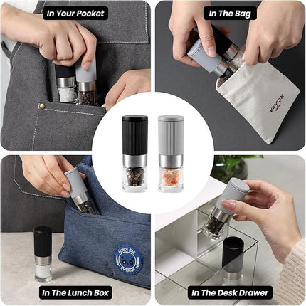 Mini Salt and Pepper Grinder Set – Adjustable Coarseness, Portable with Funnel & Bag – Open Box