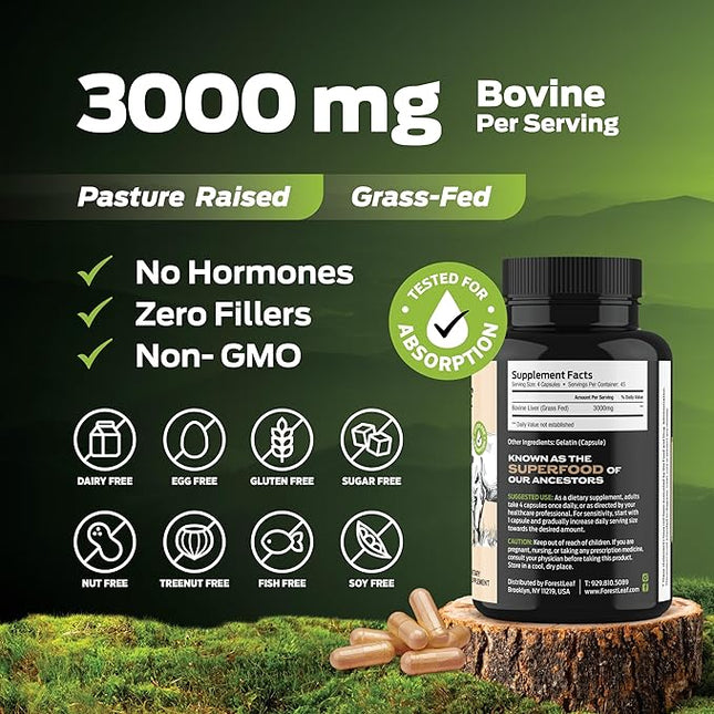 ForestLeaf Grass Fed Beef Liver Capsules, 3000mg Per Serving, Supports Immunity & Body Wellness