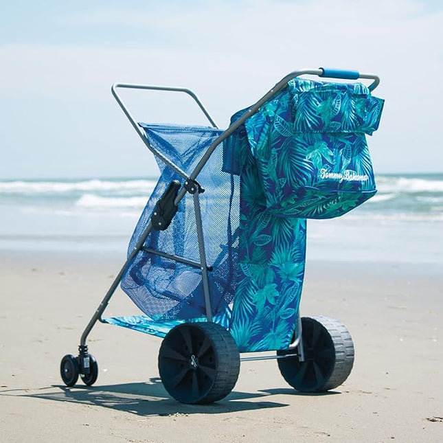 Tommy Bahama Wonder Wheeler Deluxe Folding Beach Cart, Portable Caddy for Towels and Beach Accessories, Stores 48-Quart Cooler & 4 Chairs, Blue-New