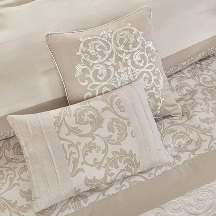 510 Design Luxe Quilted Comforter Set, Ramsey Damask Neutral, Queen (Open Box)