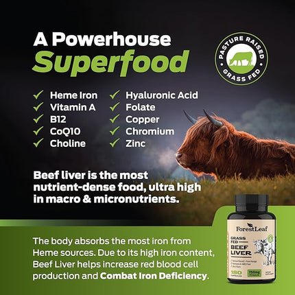 ForestLeaf Grass Fed Beef Liver Capsules, 3000mg Per Serving, Supports Immunity & Body Wellness