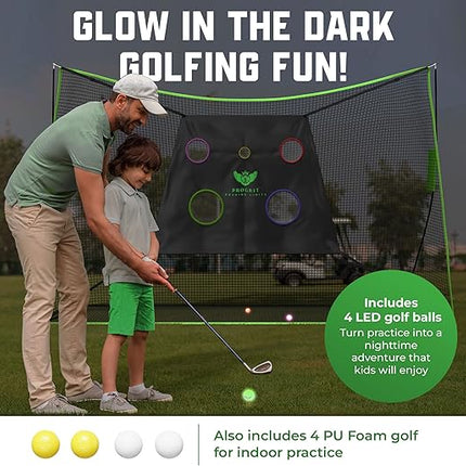 Golf Practice Net - Multifunctional Golf Chipping Net with 2 Surfaced Mats, Tees, LED Golf Balls - Golf Equipment and Accessories, Golf Nets for Backyard Driving Real Golf Balls - 10ft x 7ft