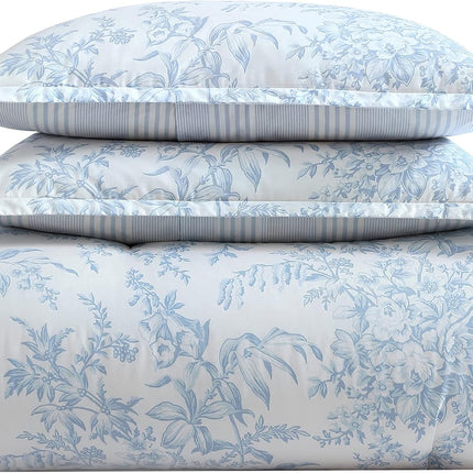 Laura Ashley Queen Comforter Set - Cotton Reversible Bedding, Bedford Blue, Warehouse Dirt (Open Box)