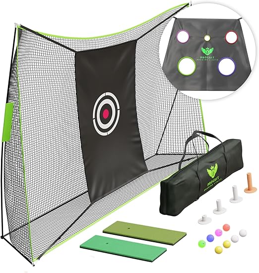 Golf Practice Net - Multifunctional Golf Chipping Net with 2 Surfaced Mats, Tees, LED Golf Balls - Golf Equipment and Accessories, Golf Nets for Backyard Driving Real Golf Balls - 10ft x 7ft