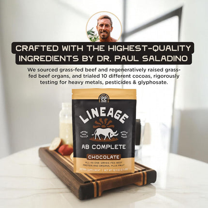 Lineage Provisions Grass Fed Beef Protein Powder - Chocolate - Nose to Tail Animal Protein Powder Including 100% Grass Fed and Finished Beef Organs, Colostrum, and Fruit - 2.7 lbs (30 Servings)