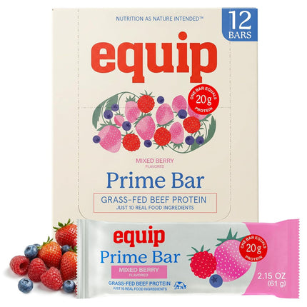 Equip Foods High Protein Prime Bars – Grass Fed Beef Protein, Collagen & Tallow – Gut Friendly - Mixed Berry 12 Count