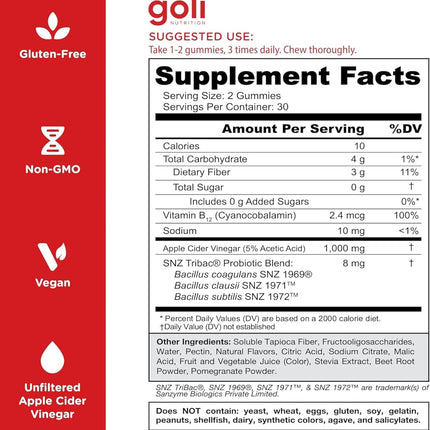 Goli Zero Sugar Apple Cider Vinegar Gummies - ACV with Vitamin B12 and Probiotics