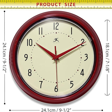 Infinity Instruments LTD. Retro 9-Inch Silent Sweep Wall Clock - Red (Open Box)