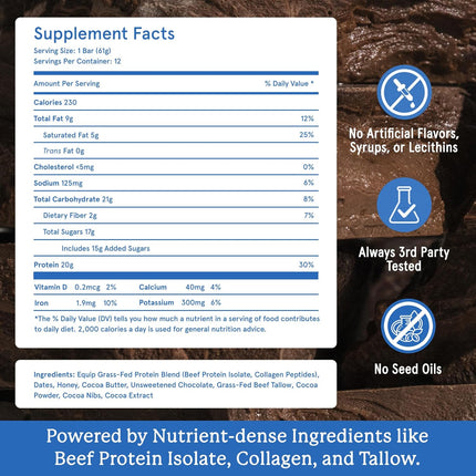 Equip Foods High Protein Prime Bars – Grass Fed Beef Protein, Collagen & Tallow 12 Count - Exp. 11/2026