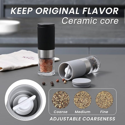 Mini Salt and Pepper Grinder Set – Adjustable Coarseness, Portable with Funnel & Bag – Open Box