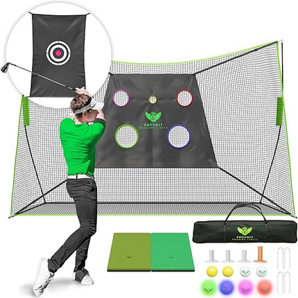 Golf Practice Net - Multifunctional Golf Chipping Net with 2 Surfaced Mats, Tees, LED Golf Balls - Golf Equipment and Accessories, Golf Nets for Backyard Driving Real Golf Balls - 10ft x 7ft