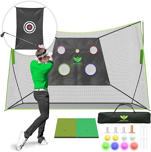 Golf Practice Net - Multifunctional Golf Chipping Net with 2 Surfaced Mats, Tees, LED Golf Balls - Golf Equipment and Accessories, Golf Nets for Backyard Driving Real Golf Balls - 10ft x 7ft