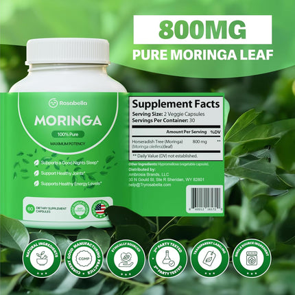 Rosabella Moringa Powder Capsules - 800mg of Pure Nutrient-Rich Moringa Powder - 60 Count