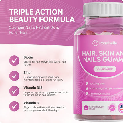 Rosabella Hair Growth Gummies for Women & Men – Vegan Hair Gummies with 5000mcg Biotin - 6O CT EXP. 9/2027