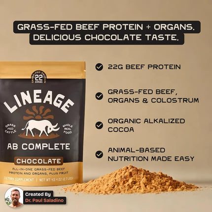 Lineage Provisions Grass Fed Beef Protein Powder - Chocolate - Nose to Tail Animal Protein Powder Including 100% Grass Fed and Finished Beef Organs, Colostrum, and Fruit - 2.7 lbs (30 Servings)