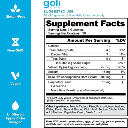 Goli Zero Sugar Ashwagandha Gummies with KSM-66, L-Theanine, Maca and Vitamin D - 60 Gummis