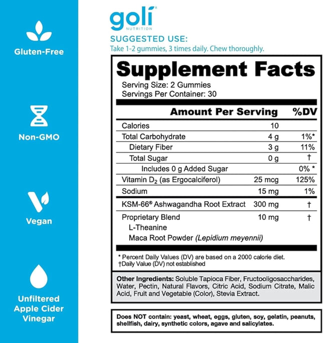 Goli Zero Sugar Ashwagandha Gummies with KSM-66, L-Theanine, Maca and Vitamin D - 60 Gummis