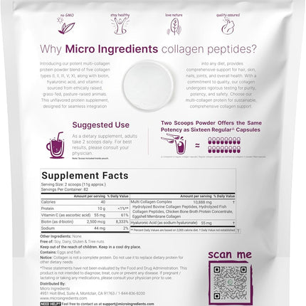 Micro Ingredients Multi Collagen Peptides Powder, 2lb – Hydrolyzed Type I,II,III,V,X with Biotin