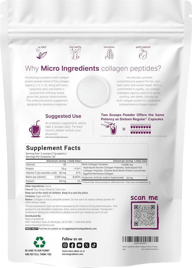 Micro Ingredients Multi Collagen Peptides Powder, 2lb – Hydrolyzed Type I,II,III,V,X with Biotin