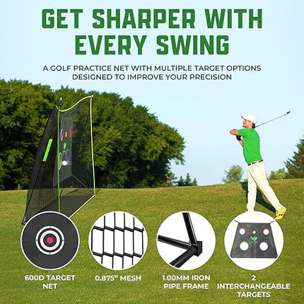 Golf Practice Net - Multifunctional Golf Chipping Net with 2 Surfaced Mats, Tees, LED Golf Balls - Golf Equipment and Accessories, Golf Nets for Backyard Driving Real Golf Balls - 10ft x 7ft