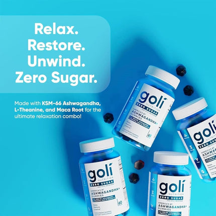 Goli Zero Sugar Ashwagandha Gummies with KSM-66, L-Theanine, Maca and Vitamin D - 60 Gummis