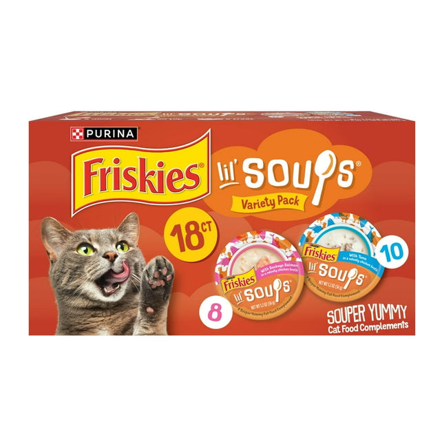 Purina Friskies Lil' Soups Salmon and Tuna for Cats Variety Pack, 1.2 oz Cups (18 Count) (03/2027)