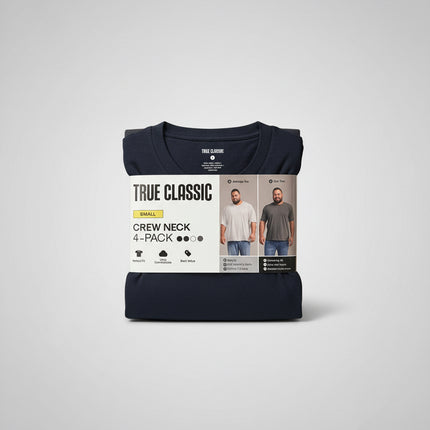 True Classic Crew Neck T Shirts - 4 Pack - Navy/Grey/White/Black - Size Small