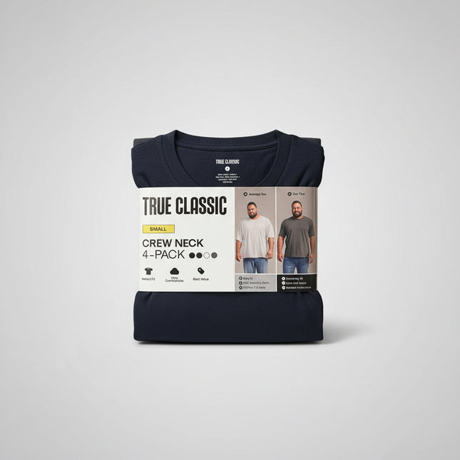 True Classic Crew Neck T Shirts - 4 Pack - Navy/Grey/White/Black - Size Small