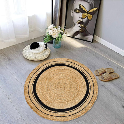 Natural Jute Round Area Matt with Black Accents - 1 Foot’ Diameter - Eco-Friendly and Handwoven