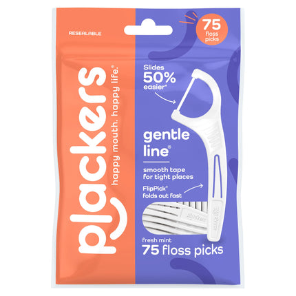 Plackers Gentle Line® Floss Picks, Super Soft, GentleSlide® Fiber Made Without PTFE, Slides Easily Between Teeth, Fresh Mint, 75 Count