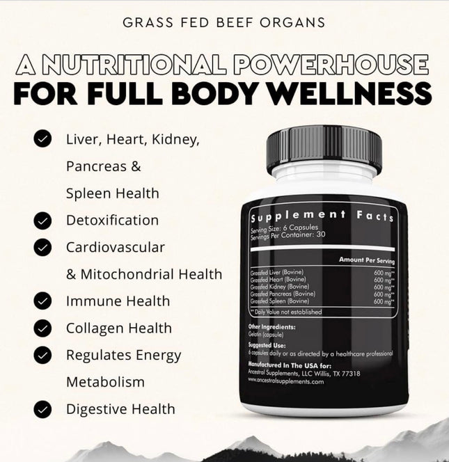 Ancestral Supplements Grass Fed Beef Organs 180ct Capsules Black/White