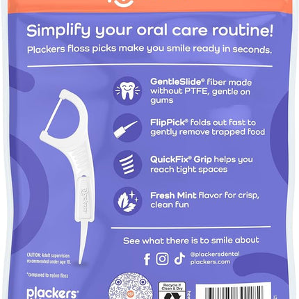 Plackers Gentle Line® Floss Picks, Super Soft, GentleSlide® Fiber Made Without PTFE, Slides Easily Between Teeth, Fresh Mint, 75 Count