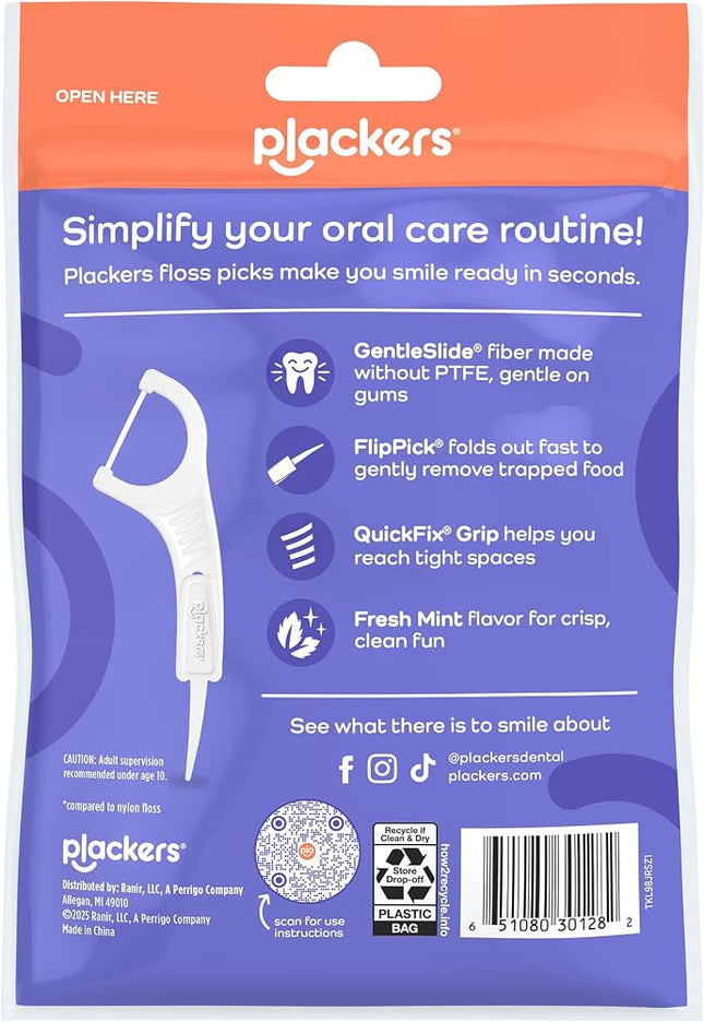 Plackers Gentle Line® Floss Picks, Super Soft, GentleSlide® Fiber Made Without PTFE, Slides Easily Between Teeth, Fresh Mint, 75 Count