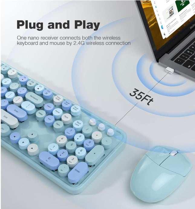 MOFII Wireless Keyboard and Mouse Combo, Blue Retro Keyboard with Round Keycaps, 2.4GHz Dropout-Free Connection - New Open Box