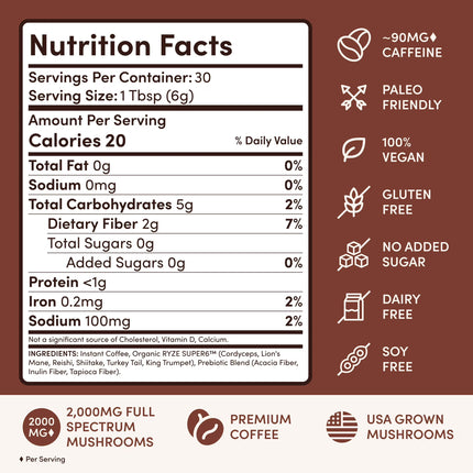 RYZE SUPERFOODS Mushroom Coffee Dark Roast, 6 Adaptogenic Mushrooms & Prebiotic Blend - 30 Servings