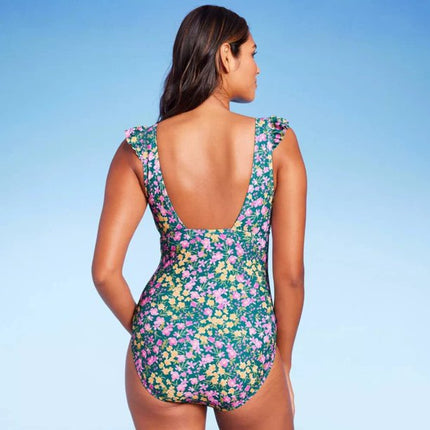 Women's Ruffle Shoulder Ruched Full Coverage One Piece Swimsuit - Kona Sol, New, Size L (12-14)