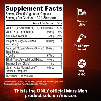 Mars Men Testosterone Booster for Men - Natural Supplement Premium - 30 Servings - EXP. 12/2028