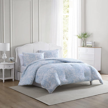 Laura Ashley Queen Comforter Set - Cotton Reversible Bedding, Bedford Blue, Warehouse Dirt (Open Box)