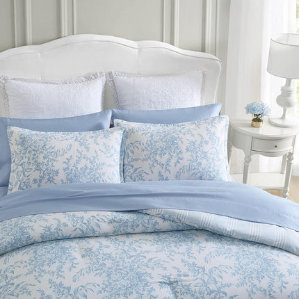 Laura Ashley Queen Comforter Set - Cotton Reversible Bedding, Bedford Blue, Warehouse Dirt (Open Box)