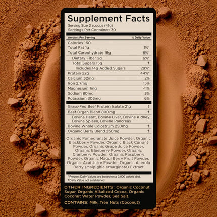 Lineage Provisions Grass Fed Beef Protein Powder - Chocolate - Nose to Tail Animal Protein Powder Including 100% Grass Fed and Finished Beef Organs, Colostrum, and Fruit - 2.7 lbs (30 Servings)