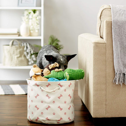 Bone Dry Pet Storage Collection - Dog Toy Storage Bin - Paw and Bone Print, Medium Round, 12x15x15,