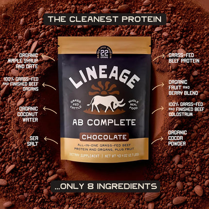 Lineage Provisions Grass Fed Beef Protein Powder - Chocolate - Nose to Tail Animal Protein Powder Including 100% Grass Fed and Finished Beef Organs, Colostrum, and Fruit - 2.7 lbs (30 Servings)