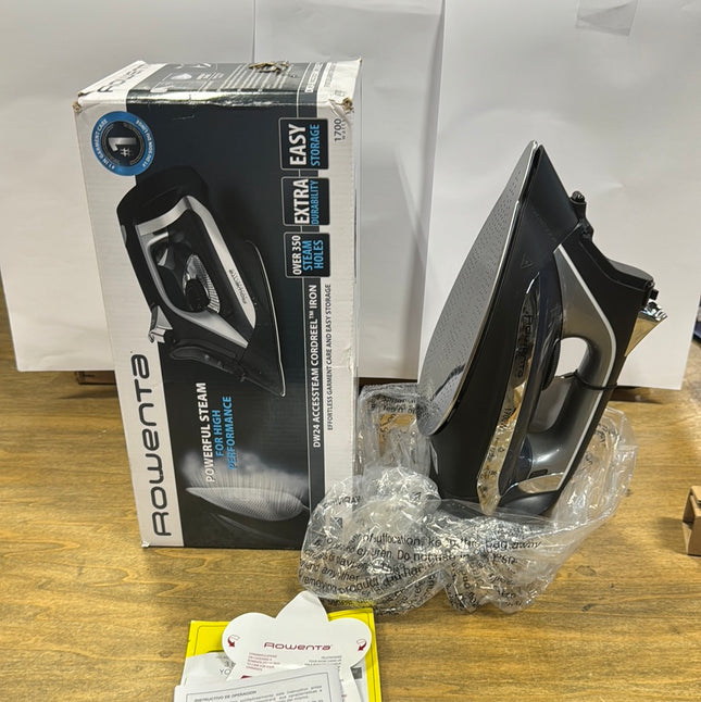 Rowenta DW24 Accesteam Cordreel Iron in black and silver packaging, available at a discounted price as an open box item