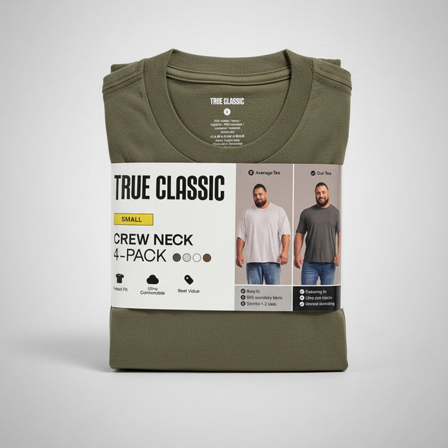 True Classic Crew Neck T Shirts - 4 Pack Army/Green/White/Grey Size Small