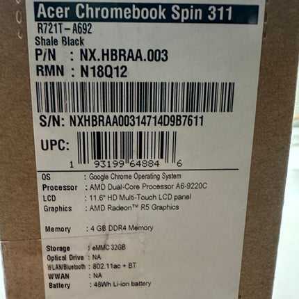 Acer Chromebook Spin 311, Open Box, 11.6” Touchscreen, Shale Black